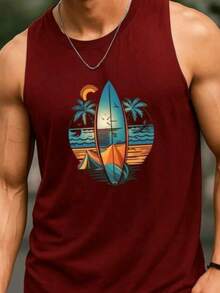 Men's Training Tank Top, Surf Style, Soft And Lightweight Sleeveless T-Shirt, Very Comfortable, Stylish Surfer Style Tank Top, Men's Summer Tank Top - 紫紅色 - 查看 2