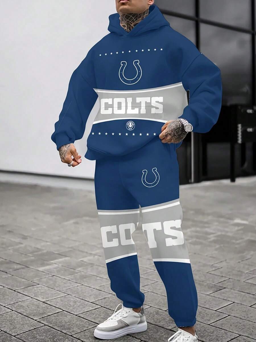 India-Napolis Colts Casual Hoodie Jogging Sweatpants Tracksuit Set, Football Team Men's Tracksuit Set, Men's Game Day Hoodie Set - 彩色 - 查看 1