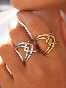 2pcs/1pc Vintage Geometric Thick Stainless Steel Open Rings For Women, Minimalist, Jewelry Accessories For Women's Daily Use - Multicolor - View 2