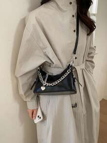 2026 New High-End Glossy Tree Bark Textured Chain Mini Square Bag, Fashionable Versatile Shoulder Bag - Black - View 4