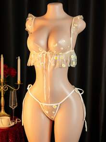 两件套性感蕾丝内衣套装：上衣+内裤，女士内衣睡衣 - 黃色 - 查看 2