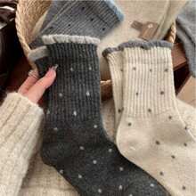 1/3/5双装女士波浪圆点羊毛袜，中筒袜，加厚保暖灰色碎花图案袜，冬季长筒袜