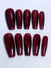 10pcs Pure Handmade Press On Nails Long Nails Coffin Nails Wine Red Long T-Shirt, European And American Trapeze Style, Cool Black Base, Deep Red Gradient, Sweet And Cool, Hot Girl Style Nail Art Wearable Nails - Burgundy - View 2