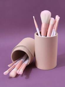 1pc Portable Makeup Brush Holder, Detachable Dual-Compartment Design, Leather Material, Easy To Clean, Makeup Organizer Tool - Apricot - View 6
