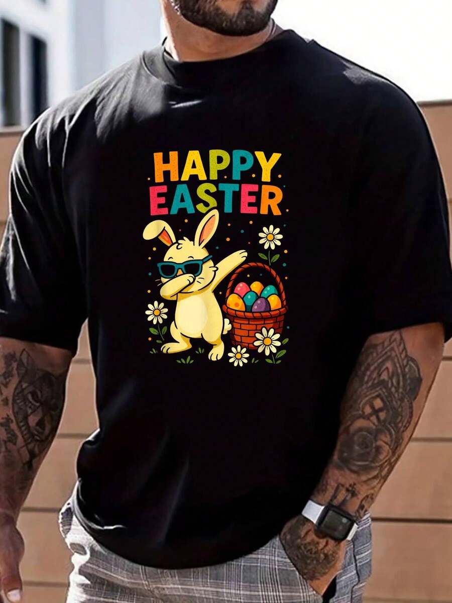 100% Cotton Happy Easter - Funny Dabbing Bunny Spring T-Shirt Street Hip-Hop Style Men's T-Shirt - Black - View 1