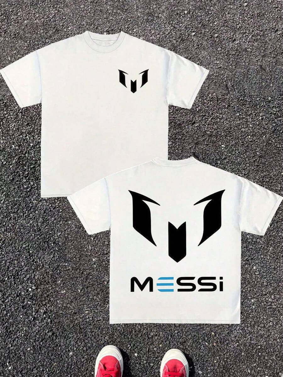 1pcs Men's 100% Cotton Bold Letter Logo T Shirt Casual Streetwear Double Sided Graphic Men Clothes, Sport Style Digital Printed T Shirt Gifts For Men - 白色 - 查看 1