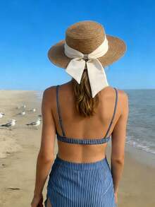 1 pieza Sombrero de sol de playa para mujer, sombrero de paja de moda para el verano - Beis - Ver 6