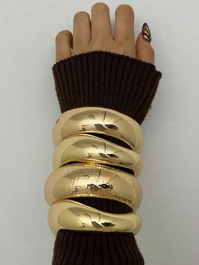 4pcs Women's Bracelet Set, Teardrop Shaped Elastic Asymmetrical Smooth Bangle Bracelets, Shiny Metallic Luster, Vintage Elegant Exaggerated Delicate , Suitable For Daily, Party, Wedding, Gift For Women