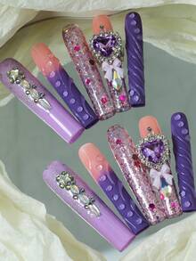 CrystalHola Valentine's Day & New Year's Edition 10 Pcs Handmade Press-On Nails,French Tip Nails, Square Long Nails, Fresh And Luxurious, Y2K, Exquisite, Diverse Styles, Oversized Purple Heart Gems, 3D Gel Strips, Shining Sequins, Hand-Painted Stripes, Christmas Elements, Gems Of Different Shapes, Cute Bear Accessories, Nail Set. Unique Artwork Within Reach, Detachable And Reusable, Full Coverage Design, Durable, A Top Choice For Gifts For Girls, An Essential Fashionable Accessory For Parties, Weddings, And Holidays, Suitable For Christmas, Halloween, And New Year Wear, Very Shiny And Eye-Catching. - Multicolor - View 3