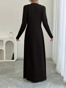 Cárdigan largo de ajuste ceñido de manga larga con botones, de unicolor y versátil, para mujer de talla grande, color negro, para primavera - Negro - Ver 3