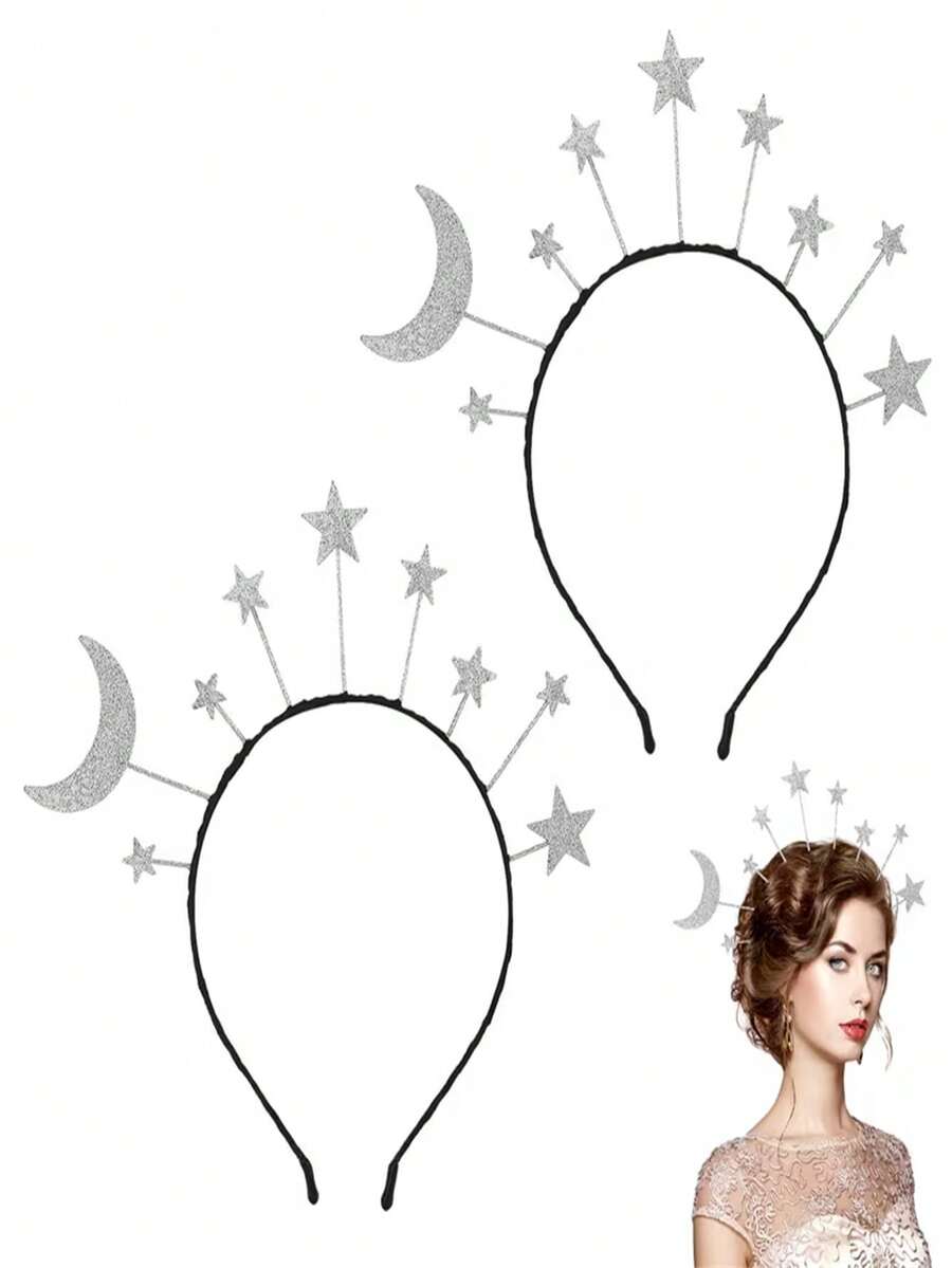 1pc Star & Moon Headband, Shiny Silver Alloy Headband Suitable For Women's Wedding Party Attire