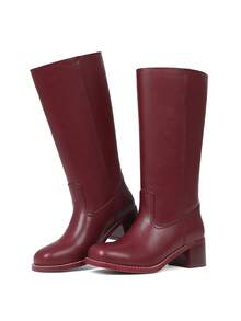 Knee High Boots For Woman Square Toe Fall Wide Calf Pull On Chunky Block Heeled Boots Riding Boots Knight Women's Boots Autumn Casual Comfortable Block Heels For Women - 酒紅色 - 查看 6