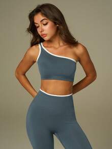 UONNOU 2-Pieces Women's Sportswear One Shoulder Top And Trousers Shaping Set, Women's Outdoor Casual Wear, Sportswear, Shaping Wear, Tight-Fitting Wear, No Cup, Suitable For Sports And Outdoor Activities, Yoga, Gym, Running, Casual Daily Life, Commuting, Parties And Festivals, Etc - Grey - View 11