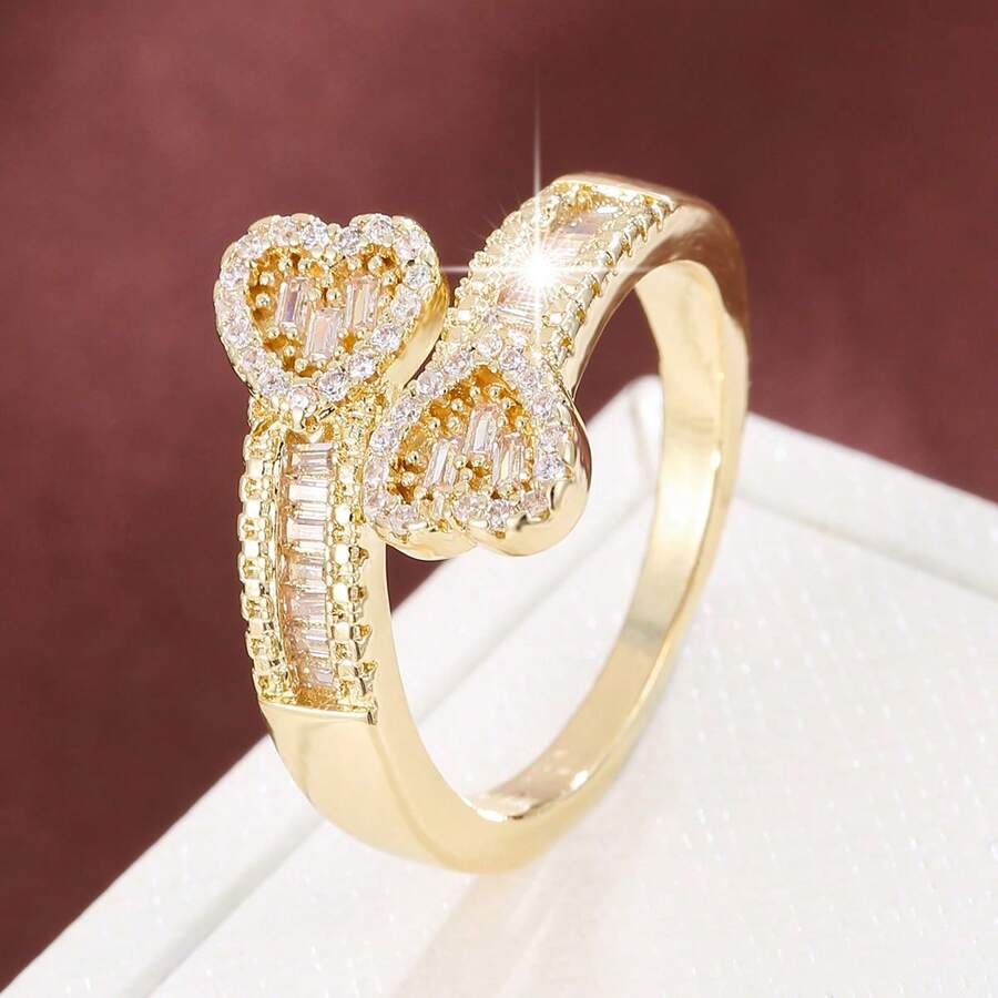 1pc Elegant Heart-Shaped Symmetrical Design Cubic Zirconia Inlaid Adjustable Ring, Fashion Gift For Valentine's Day