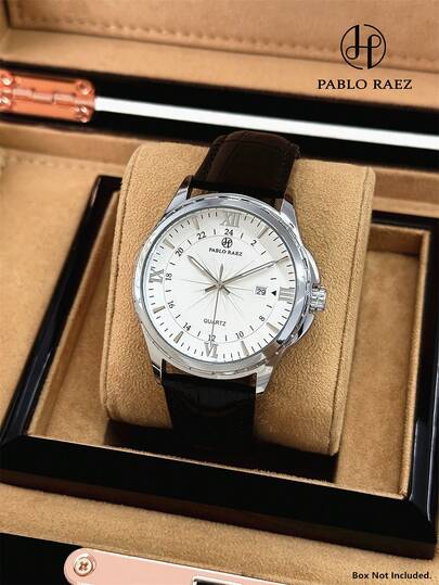 Pablo Raez 1件原装男士复古腕表，不锈钢材质，奢华男士腕表，50米防水，AAA级珠宝品质，带日历功能，男士超细纤维皮革表带，不易褪色，银色，知名品牌，全新休闲时尚魅力石英表，夜光指针，罗马数字时标和条形刻度，黑色高档商务腕表，适合日常佩戴，教师礼物，父亲或男性朋友生日、毕业、婚礼礼物。