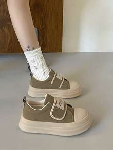 2026 New Spring Women's Shoes, Breathable Student Solid Color Flat Casual Versatile Outdoor Running Shoes, Hook And Loop Design, Street Style Essential Bestseller - Mocha Green - View 3