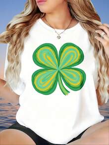 Women's T-Shirt,White T Shirt With Green And Yellow Four Leaf Clover Design For Women Casual Summer Top Lucky St Patrick's Day Outfit, 220g - trắng - Xem 2