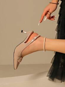 Bộ váy dạ hội mùa hè màu trơn thanh lịch, gợi cảm, với khóa cài hình chữ C bằng kim loại, sandal cao gót mũi nhọn, phù hợp cho đám cưới, tiệc tùng, hoạt động ngoài trời, quai hậu bằng da sơn mài, gót thấp, màu mơ, giày cao gót thanh lịch cho nữ ngày Quốc khánh 4 tháng 7 để phối cùng váy. - Màu be - Xem 6