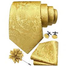 GUSLESON 8cm Paisley Tie Set For Men Necktie Lapel Pin Pocket Square Cufflinks Set For Men,Gold - 金色 - 查看 1