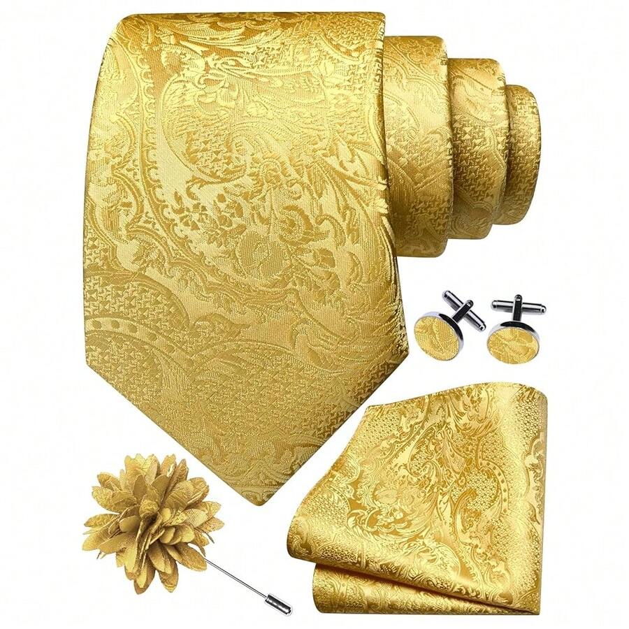 GUSLESON 8cm Paisley Tie Set For Men Necktie Lapel Pin Pocket Square Cufflinks Set For Men,Gold - 金色 - 查看 1