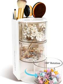 1个旋转多层头饰收纳盒 | 防尘塑料材质，儿童发饰收纳盒，旋转设计，透明可视 | 桌面收纳盒，可存放化妆品、铅笔、美术/手工/缝纫用品、发夹/发带/发圈，情人节/生日礼物 | 头饰收纳盒