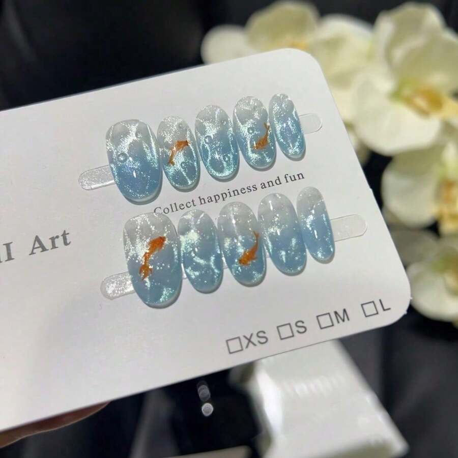 10 Pieces Of Luxury French Glacier Blue Marine Nail Art With Carp Tail And Cat's Eye - Glossy Surface, Perfect For Seaside Vacation Photos, Nail Patches, Luxury Nail Art | Calming Design | Glossy Surface Nails - 短橢圓形(S) - 查看 1