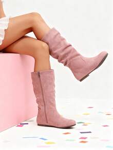 2025 New Women's Solid-Color Fashion Boots: Minimalist Round Toe, Flat Heel & Side-Zip Design-Versatile Mid-Calf & Ankle Styles For Casual Wear - Phiên bản nâng cấp màu hồng - Xem 4
