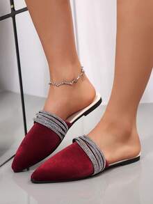 Women's Pointed Toe Slip-On Mules With Rhinestones, Fashionable And Elegant, Suitable For Spring And Summer - Red - View 9