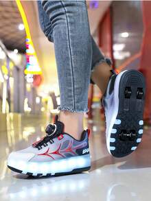 Kids/Youth 4-Wheel Roller Skates, Boys/Girls Wheeled Shoes, Small 4-Wheel Roller Shoes, LED Rechargeable Luminous Shoes - Purple - View 3