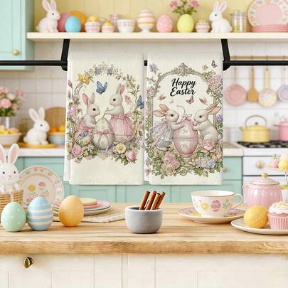 2 piezas Juego de tela de Pascua, incluye 16"X24" Conejito de Pascua, huevos, flores, mariposas, corona y lazo decorativo pañuelo. Hecho de tela de poliéster suave, absorbente y lavable a máquina, ideal para la decoración y cocina de la cocina. También adecuado para hornear, decoración festiva, artículos de baño, decoración de mesa, suministros de cocina, decoración del hogar, regalos para el hogar del nuevo baño, toallas de cocina y artículos esenciales de Acción de Gracias.