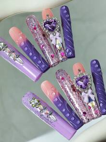 CrystalHola Valentine's Day & New Year's Edition 10 Pcs Handmade Press-On Nails,French Tip Nails, Square Long Nails, Fresh And Luxurious, Y2K, Exquisite, Diverse Styles, Oversized Purple Heart Gems, 3D Gel Strips, Shining Sequins, Hand-Painted Stripes, Christmas Elements, Gems Of Different Shapes, Cute Bear Accessories, Nail Set. Unique Artwork Within Reach, Detachable And Reusable, Full Coverage Design, Durable, A Top Choice For Gifts For Girls, An Essential Fashionable Accessory For Parties, Weddings, And Holidays, Suitable For Christmas, Halloween, And New Year Wear, Very Shiny And Eye-Catching. - Multicolor - View 5