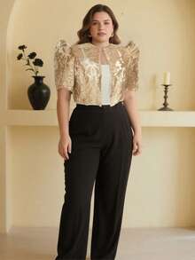 Modern Filipiniana Plus Size Embroidered Mesh Cropped Jacket - Champagne - View 5
