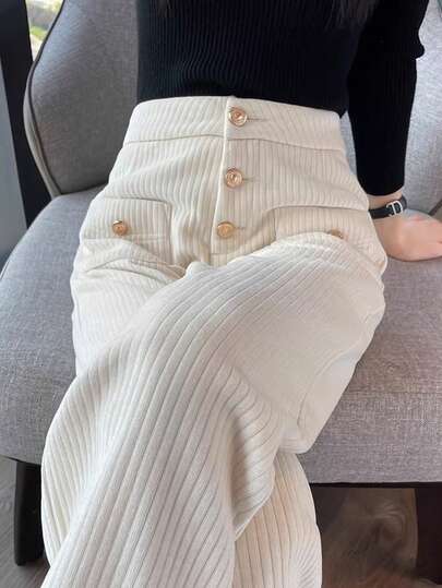 1件纯色涤纶口袋纽扣女式长裤，[腰围可调节]，宽松灯芯绒裤，休闲裤，适合办公室、假日、学校、度假、居家日常穿着，春、秋、冬三季皆宜。