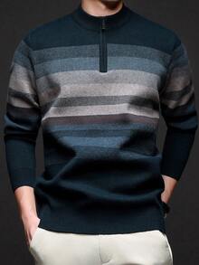 Men's Autumn/Winter Half-Zip Collar Striped Casual Pullover Sweater, Business Commute Simple Style, Long Sleeve Top