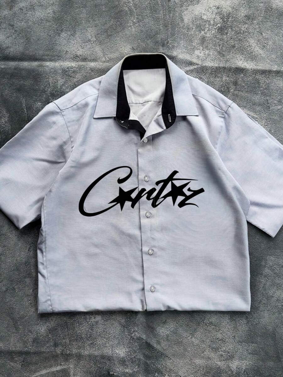 Men's Clean Fit Racing Style Big Letter Print Short Sleeve Shirt, Y2K High Street Streetwear - Multicolor - View 1