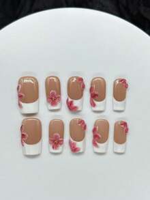 10片手工方形美甲贴纸，3D立体花卉法式美甲贴片，配3件美甲工具、美甲胶水和配件，适合女性和女孩参加派对、旅行、上学和日常佩戴，夏季美甲，旅行、度假、音乐节手工按压式美甲贴片 - 彩色 - 查看 2