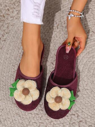 女士冬季新款花卉装饰毛绒拖鞋，防滑保暖轻便室内外舒适多功能家居拖鞋