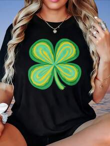 Women's T-Shirt,White T Shirt With Green And Yellow Four Leaf Clover Design For Women Casual Summer Top Lucky St Patrick's Day Outfit, 220g - 黑色 - 查看 2