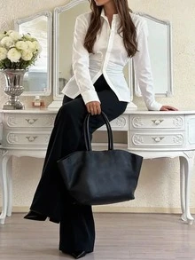 Áo sơ mi dài tay màu trắng, kiểu dáng thanh lịch, tối giản kiểu Pháp, cài một hàng khuy, có thắt lưng xếp ly, thích hợp cho nữ, phù hợp cho mùa xuân/hè. - trắng - Xem 3