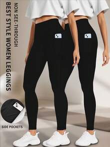 High Waist Fleece Lined Leggings With Side Pocket - Yoga Pants - 黑色 - 查看 10