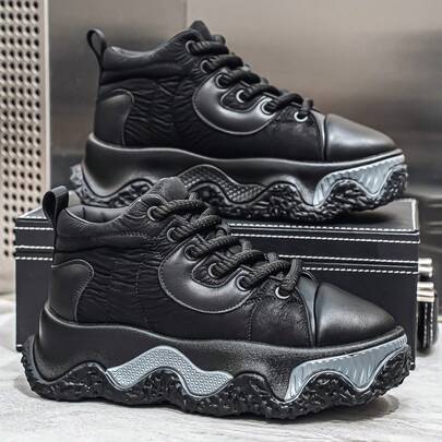 Men's Black Utility High-Top Splice Chunky Sneakers, Lace-Up Wavy Pattern Retro Thick Sole Non-Slip Casual Shoes, Outdoor Leisure Versatile Comfortable High-Top Leather Shoes For Spring & Autumn