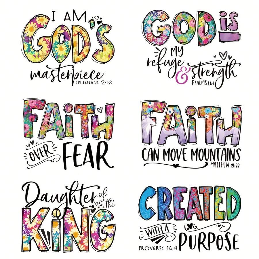 6pcs Of Faith And Strength Iron-On Transfers - DIY Heat Transfer Stickers Suitable For T-Shirts, Jackets, Jeans, And More - Featuring The Latest Designs, Easy Application, Permanent Adhesive, Durable, - 彩色 - 查看 1