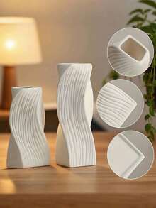 1pc Modern White Wavy Vase Set - Minimalist Rectangular Wavy Textured Plastic Neutral Vase For Elegant Floral Decor In Living Room, Bedroom, Office Desk, Dining Room Shelf, Suitable For Dried Flowers (Reed/Wheat/Cattail), Fresh Flowers (Peony/Rose/Tulip), Artificial Flowers (Artificial Reed/Artificial Ginkgo Leaf Branches/Artificial Daisy Bouquet/Artificial Baby's Breath) - Multicolor - View 9