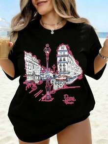 Paris France Cityscape Graphic T Shirt Women Black Oversized Streetwear Top With Eiffel Tower And Buildings Design For Travel Fashion Summer Outfit - màu đen - Xem 1