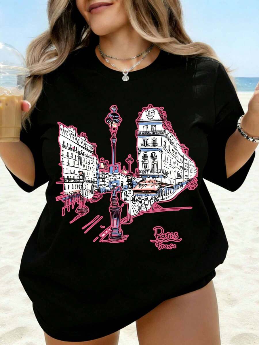 Paris France Cityscape Graphic T Shirt Women Black Oversized Streetwear Top With Eiffel Tower And Buildings Design For Travel Fashion Summer Outfit - màu đen - Xem 1