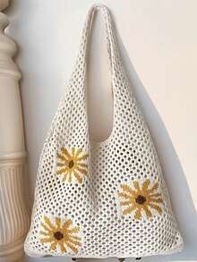 1pc Knitted Tote Bag With Chrysanthemum Pattern, Partial Jacquard Chrysanthemum Knitting Craft, Women's Shoulder Bag, Polyester Material - Multicolor - View 3