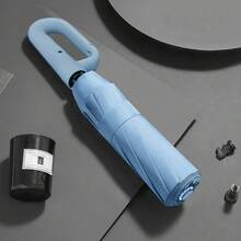 1 pieza Paraguas plegable automático, tela de poliéster a prueba de viento con resorte, mango personalizado con gancho, apertura/cierre con un solo botón, unisex