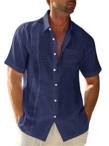 Runcati Mens Short Sleeve Cuban Camp Guayabera Shirt Linen Cotton Hippie Beach Button Down Shirts - màu xanh nước biển - Xem 2