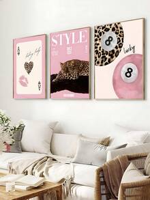 3 piezas Cuadros de arte de pared con estampado de leopardo y guepardo, impresiones de bolas de billar con suerte, pinturas en lienzo de estilo rosa femenino, decoración de lujo y estética, arte de pared de leopardo rosa para dormitorio de niña, apartamento, dormitorio, decoración de sala de estar, oficina, cocina, arte de pared, decoración de pared, decoración del hogar, decoración de habitación, arte en lienzo, carteles, arte de pared con marco, marco opcional - Multicolor - Ver 2