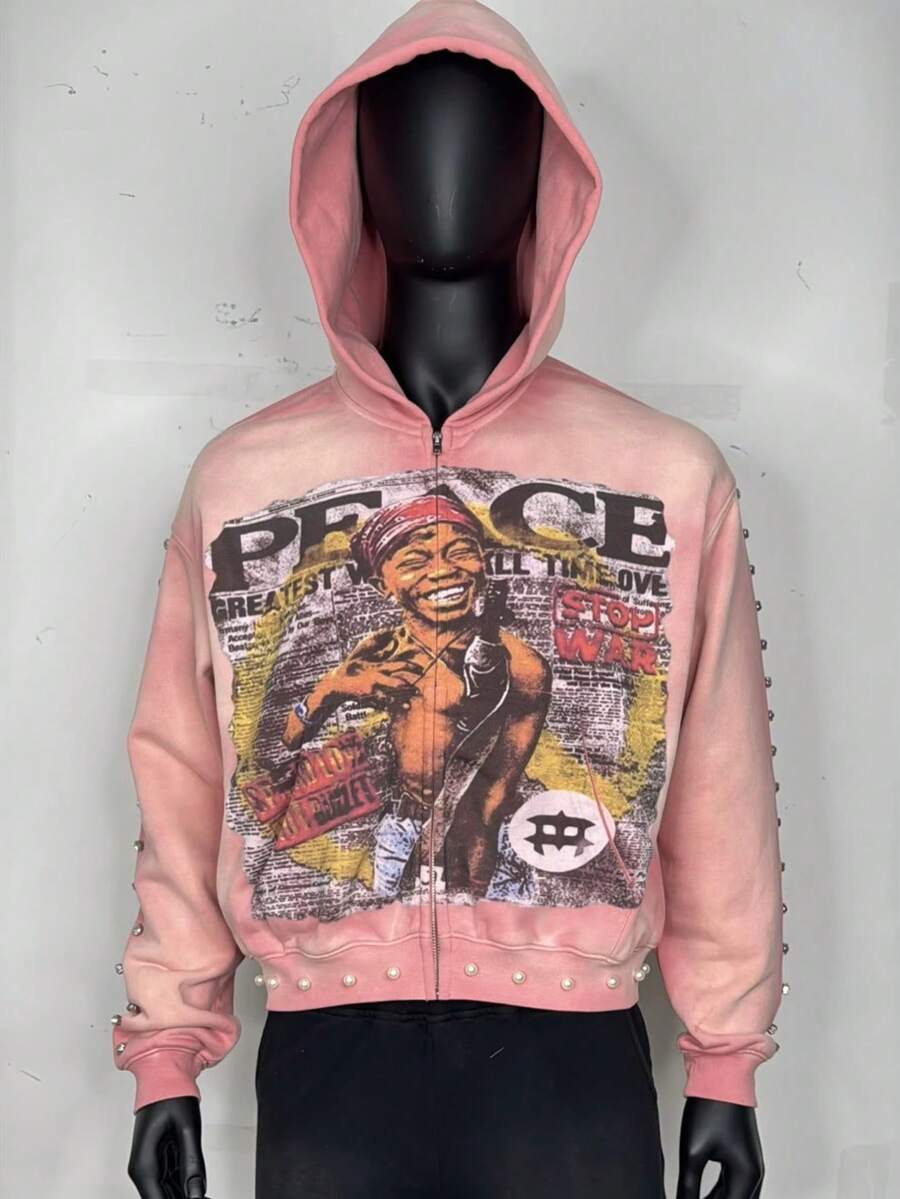 American Hip Hop European And American  Alphabet Digital Printing Fashion Hooded Cardigan Rock Loose Sweater - 粉紅色 - 查看 1